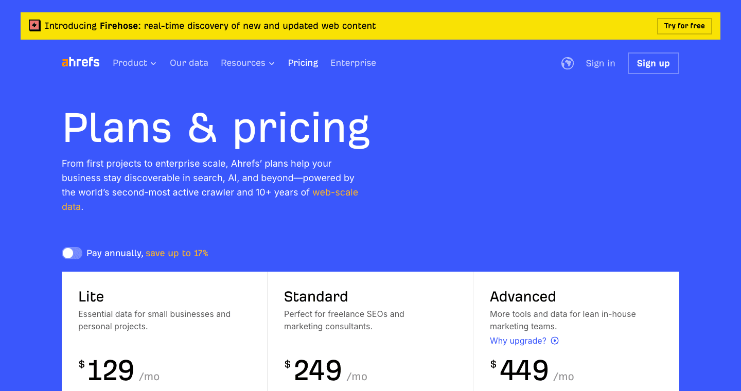 Ahrefs pricing or hero section