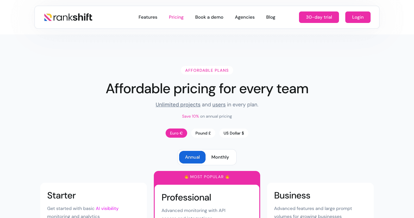 rankshift.ai pricing or hero section